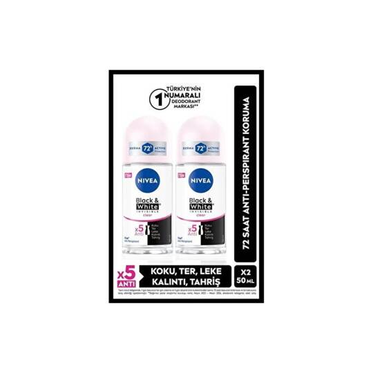 Kadın Roll-On Deodorant Black&White Invisible Clear 50ML 72 Saat Anti-Perspirant X2 Adet