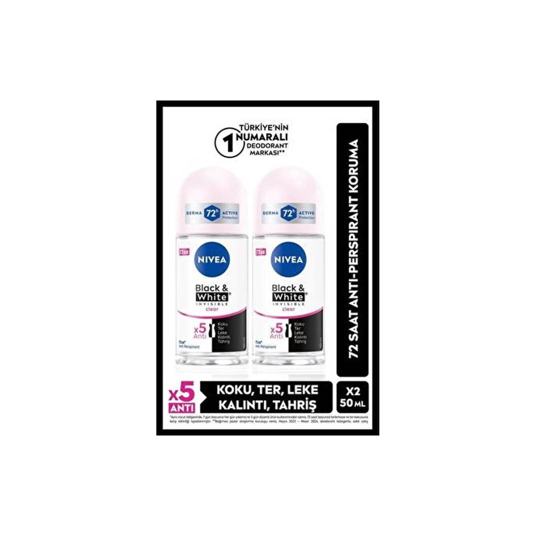 Kadın Roll-On Deodorant Black&White Invisible Clear 50ML 72 Saat Anti-Perspirant X2 Adet - 1